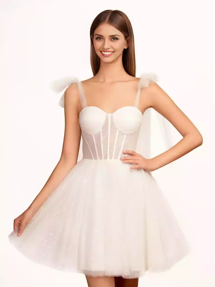 Stunning A-line sparkling chiffon heart-shaped neckline sleeveless lace up back Homecoming Dresses